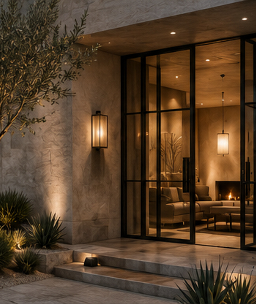 Desert modern entry illuminated at dusk